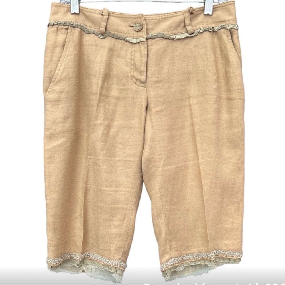 Embellished Linen Bermuda Women's Tan Shorts with Lace Trim & Beaded